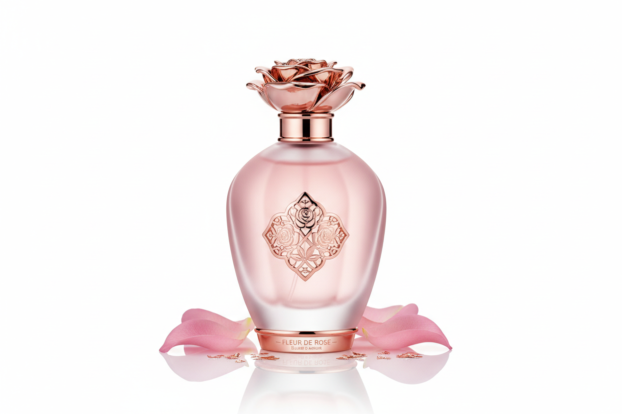 elegant pink perfume bottle with rose gold accents, floral rose fragrance, feminine romantic design, studio product photography, white background