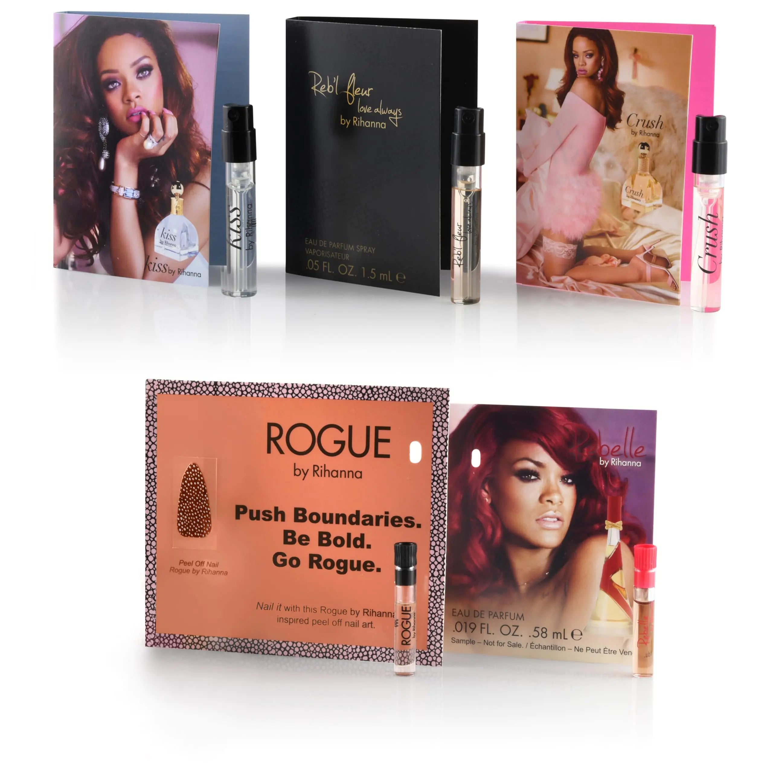 5 Rihanna perfume samples for women: Crush Rebl Fleur Kiss Rogue and Rebelle. Fragrance sample vial bottles perfume Set. Great for small gift or to try before purchasing bigger bottles. Divine Serene Scents