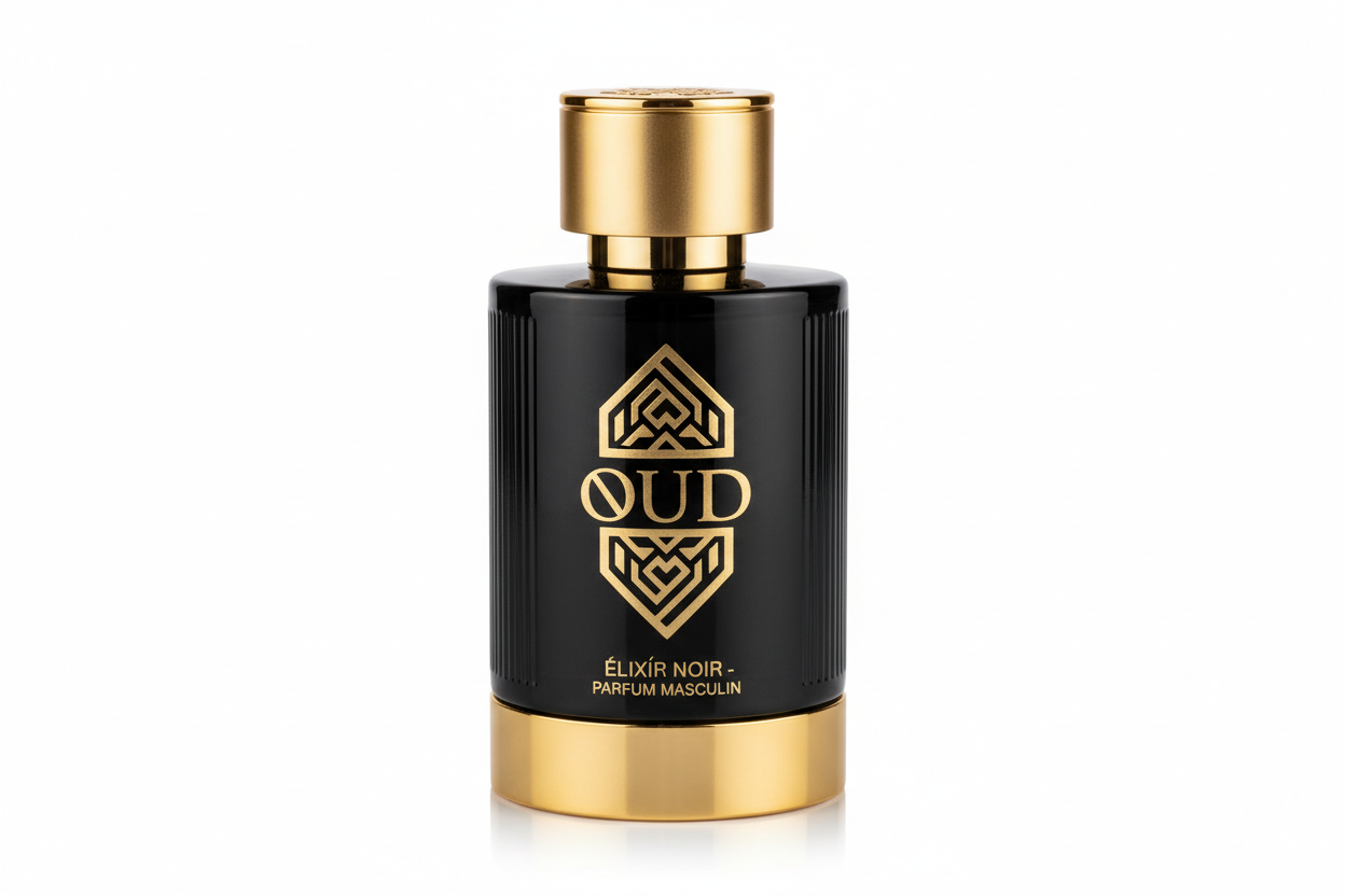 luxurious black mens cologne bottle with gold accents, oud fragrance, elegant masculine perfume, studio product photography, white background