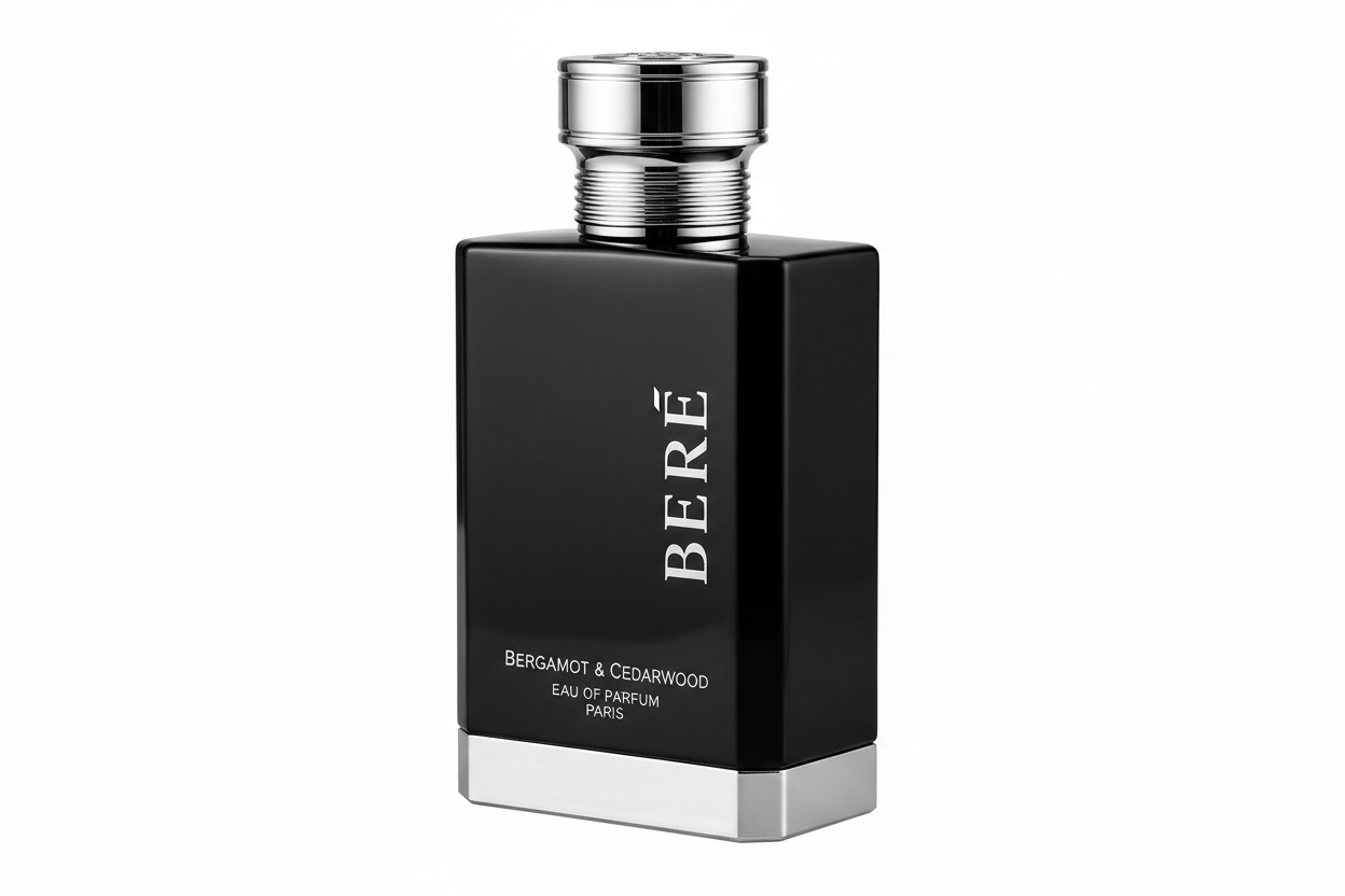 sophisticated black mens cologne bottle with silver accents, bergamot and cedarwood fragrance, modern masculine design, studio product photography, white background