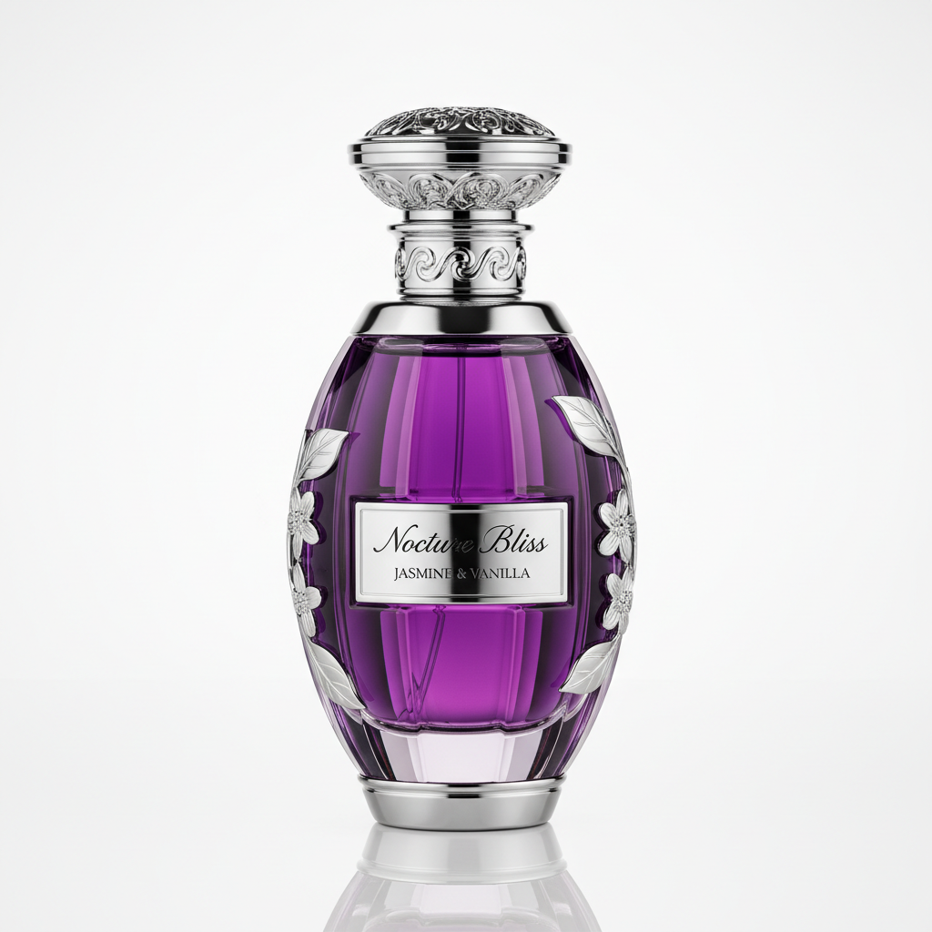 sophisticated deep purple perfume bottle with silver accents, floral jasmine and vanilla fragrance, elegant evening wear, studio product photography, white background